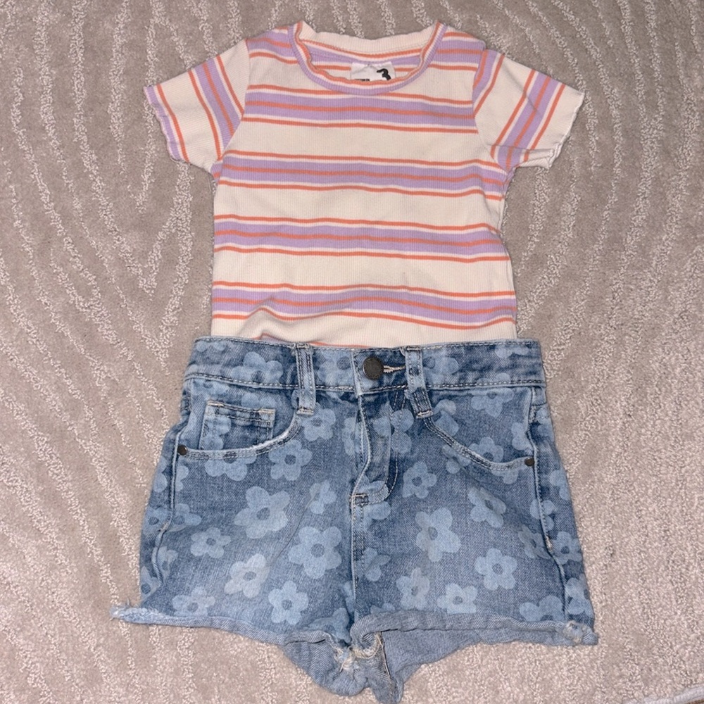 Cotton On Kids Lot Ribbed Stripe 90’s Shirt & Floral Denim Shorts